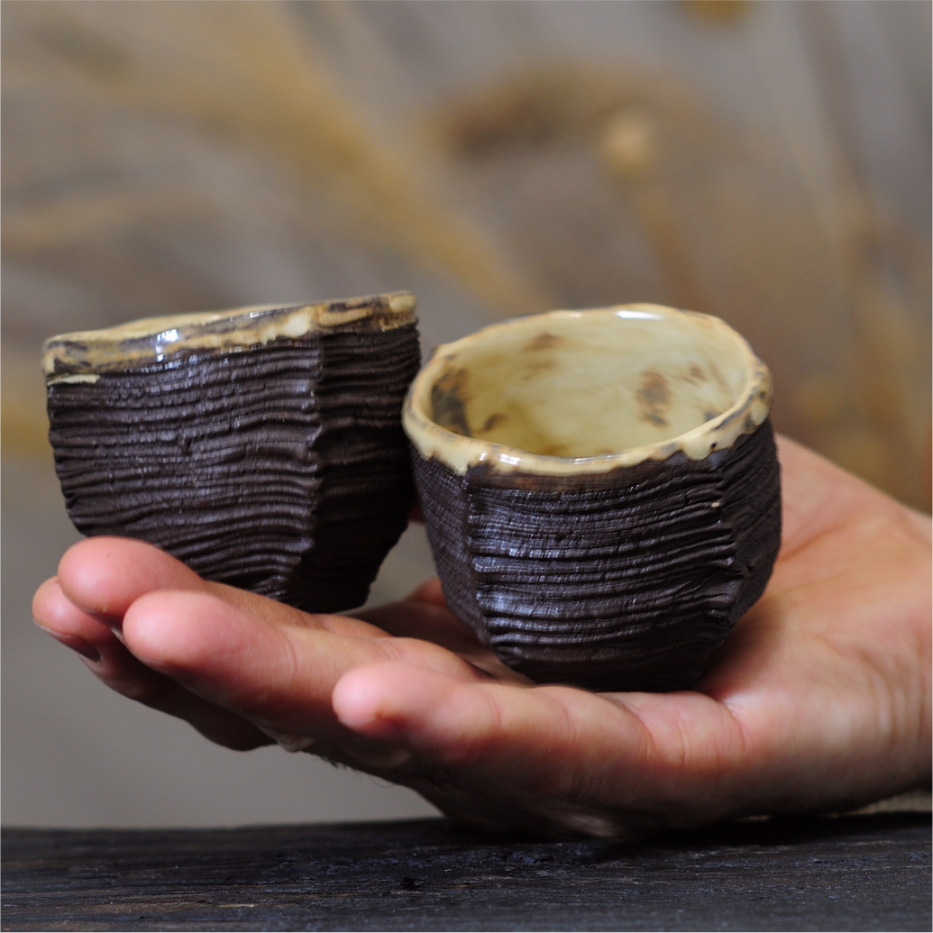 Handbuilt black yunomi cup 85ml textured ceramic tea cup