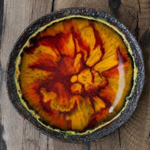 Large handmade ceramic serving plate with amber red crackle glaze