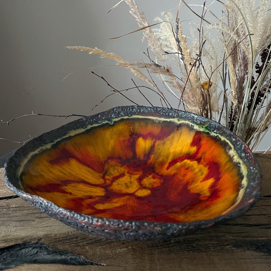 Handmade Ceramic Serving Bowl – Amber Red Crackle Glaze – 29 cm - Image 5