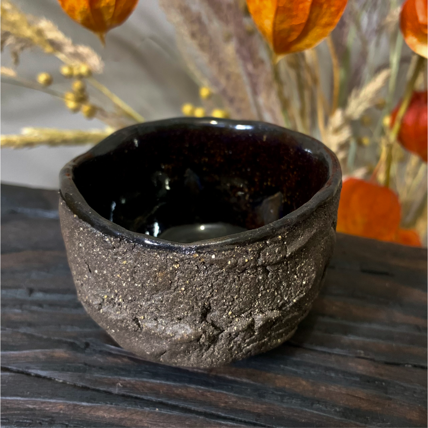 Hand-carved ceramic guinomi tea cup, handleless design