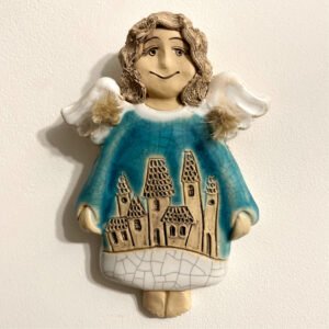 blue ceramic angel wall decor front view