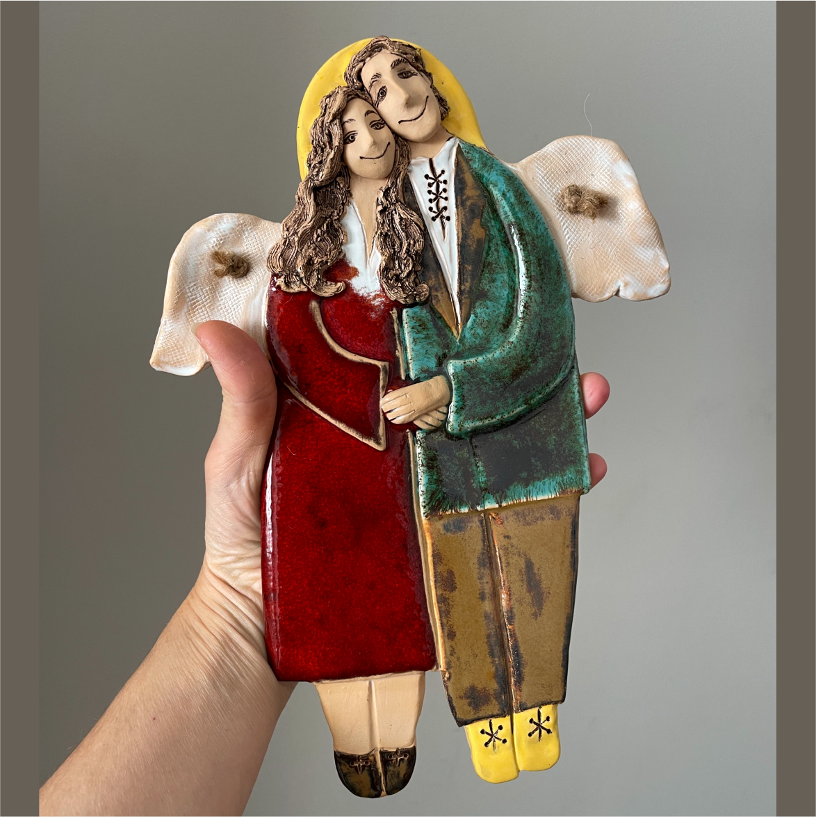 handmade ceramic angel couple wall hanging