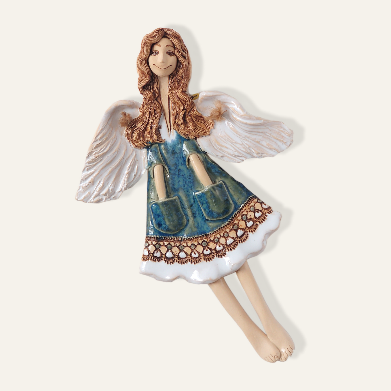 teal ceramic angel wall hanging handmade