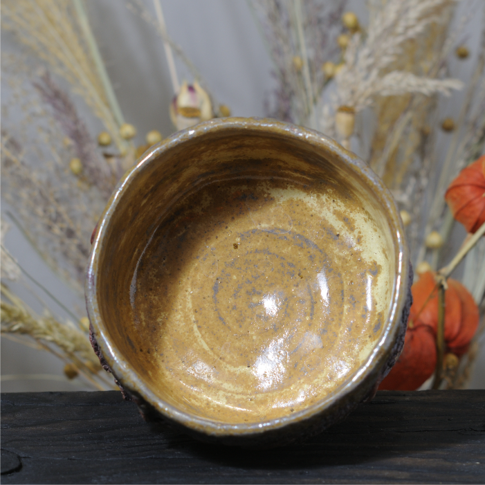 Handmade stoneware ceramic bowl for tea rituals, kurinuki carving