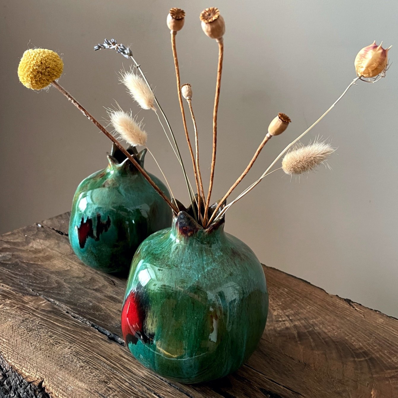Pottery glazed ceramic pomegranate vase, studio art object