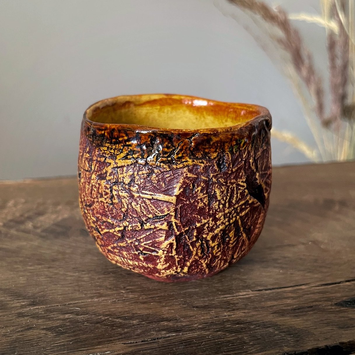 Handmade ceramic yunomi tea cup Whisper with textured carved surface
