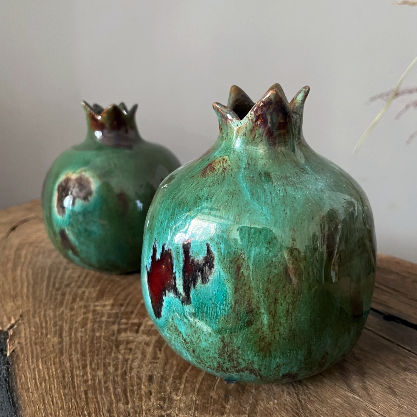 Turquoise glazed ceramic pomegranate, studio art object
