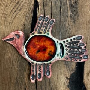 Decorative ceramic bird sculpture for wall display, handcrafted pottery art