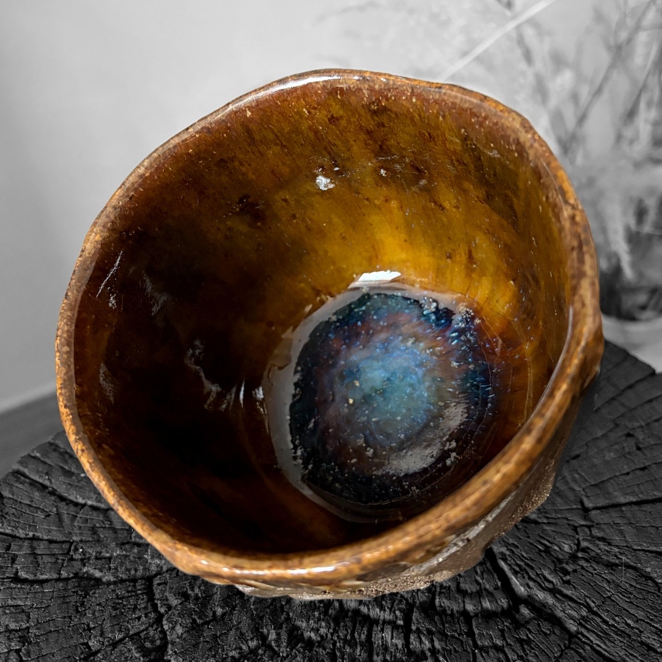 Interior of handmade Kurinuki ceramic matcha bowl