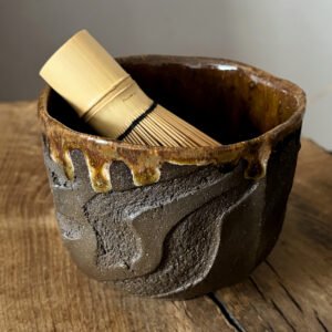 Kurinuki ceramic chawan with bamboo matcha whisk