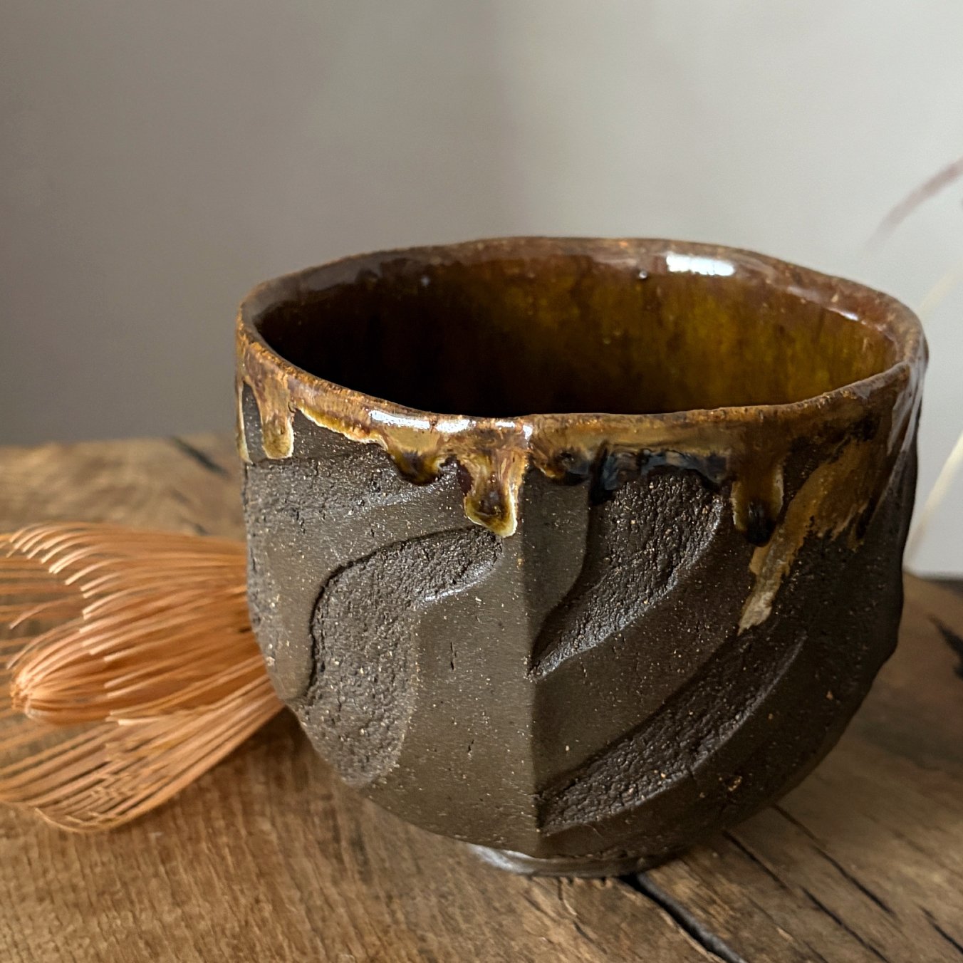 Artisan Kurinuki ceramic chawan for matcha tea