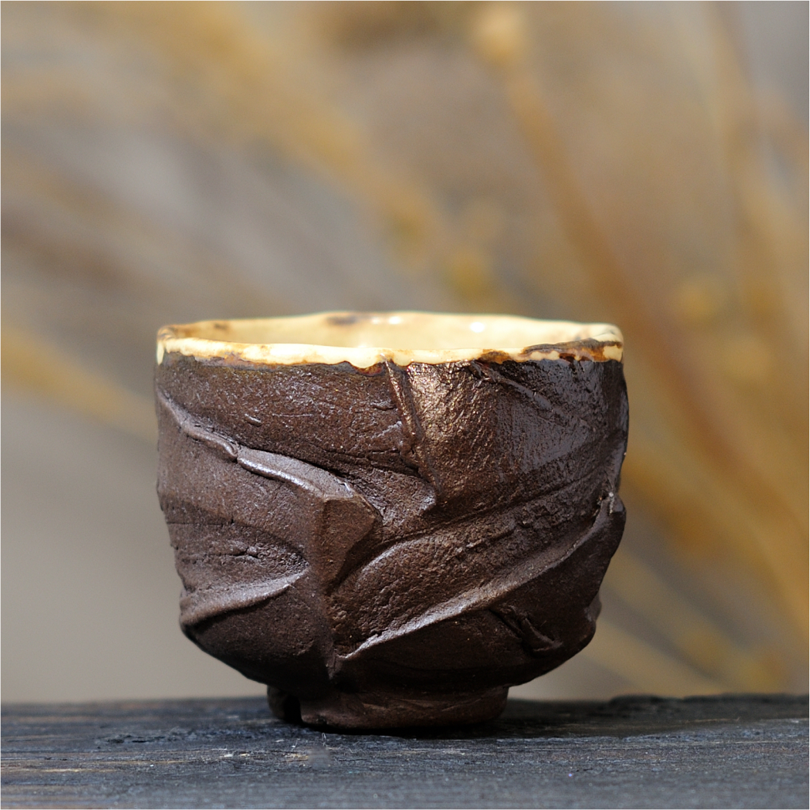 Wabi sabi style ceramic yunomi cup Night, side view