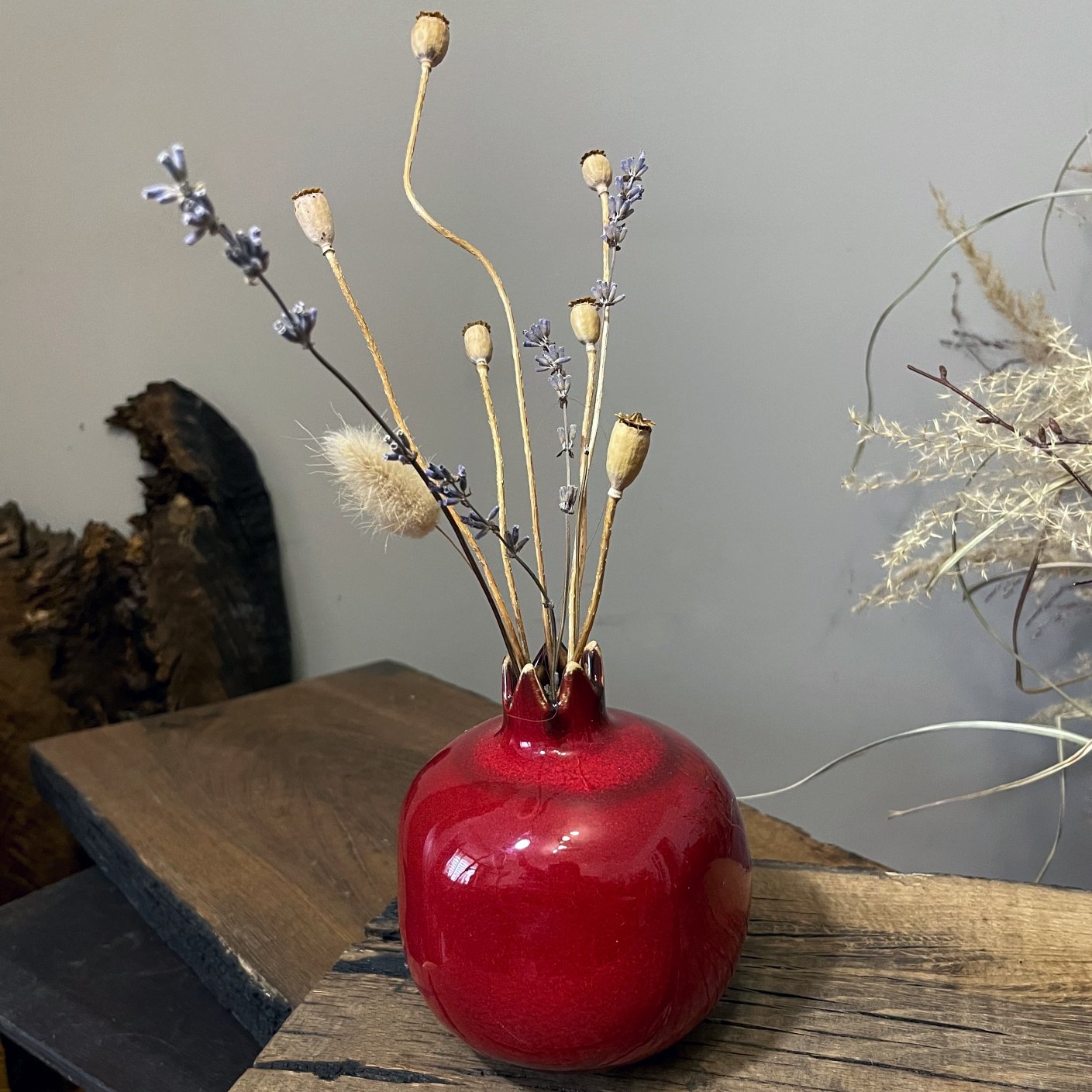 handmade red ceramic pomegranate vase, pottery fruit decor close view