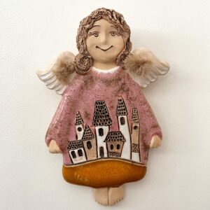 ceramic wall hanging angel with houses front view