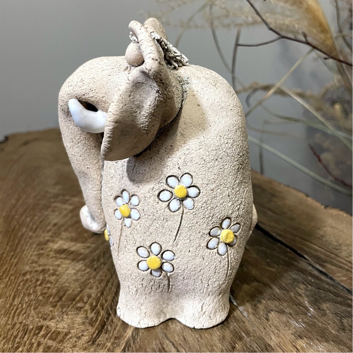 Handmade pottery elephant figurine front view