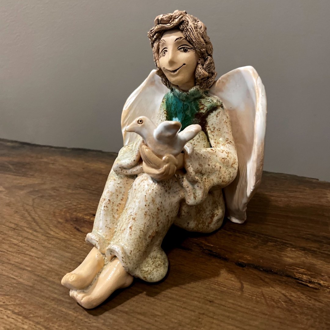 Handmade Ceramic Angel Figurine with Bird - Image 3