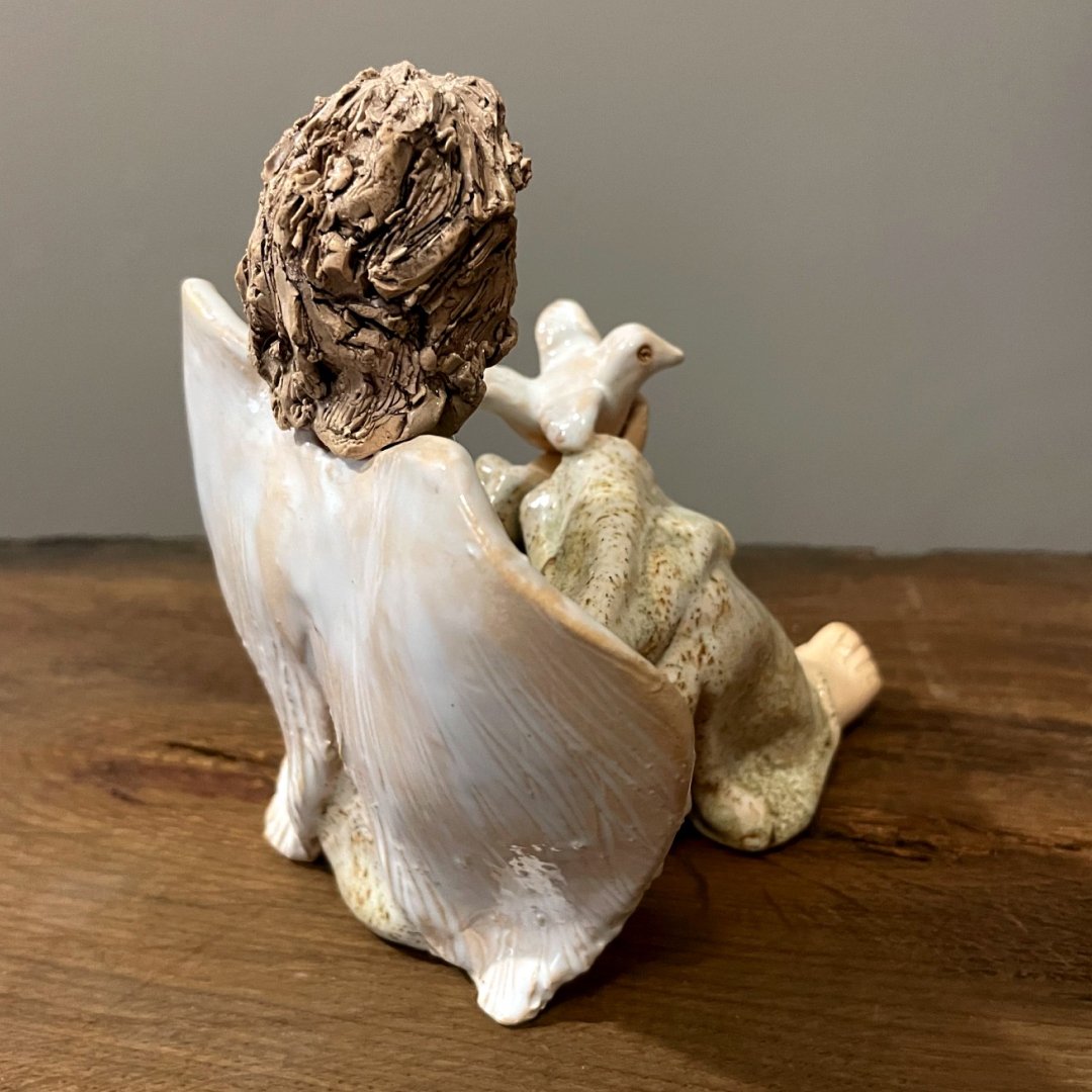 Handmade Ceramic Angel Figurine with Bird - Image 9
