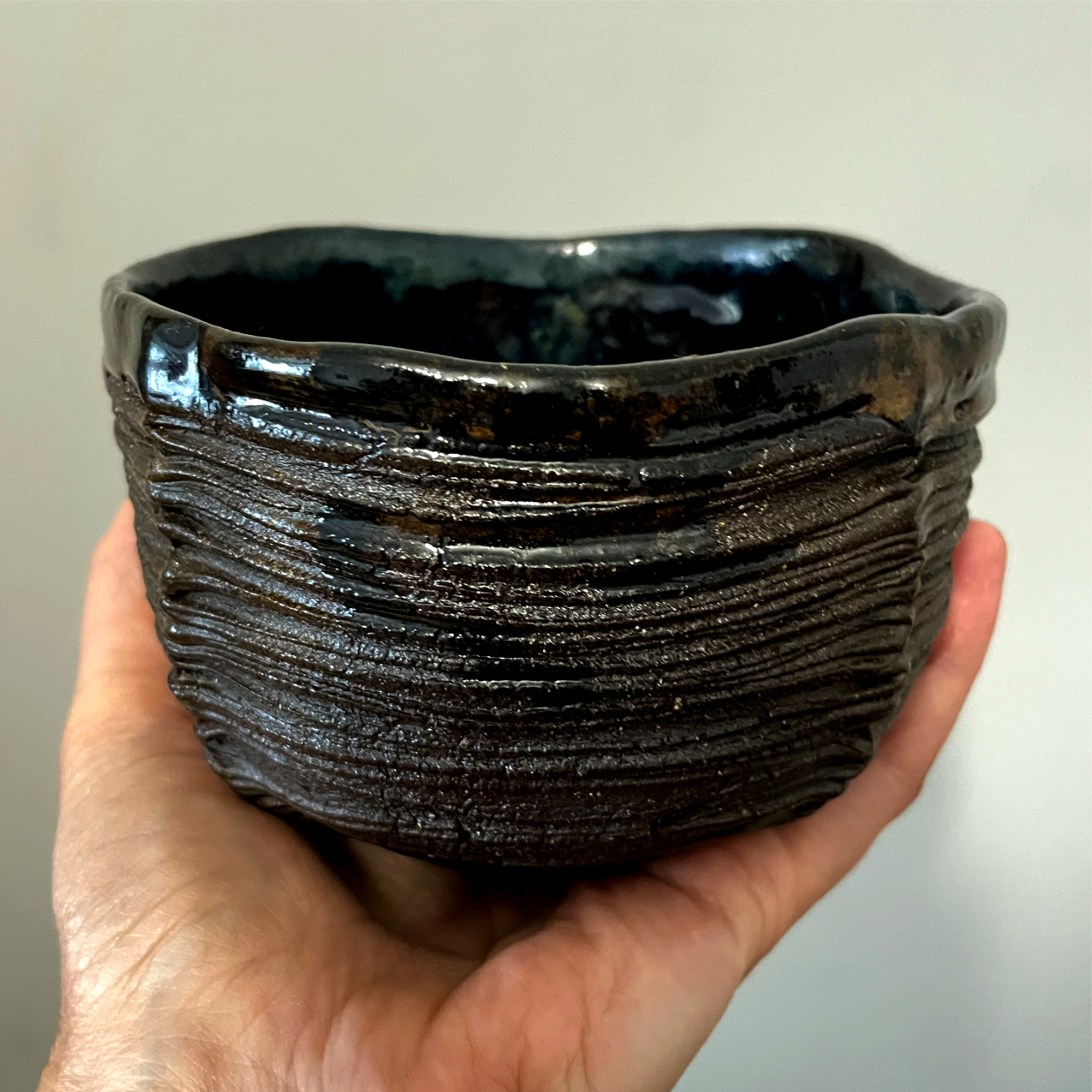handbuilt matcha chawan with sculpted surface