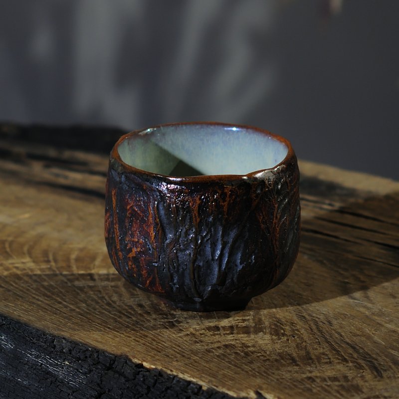 Handmade ceramic yunomi tea cup with textured stoneware surface 130 ml