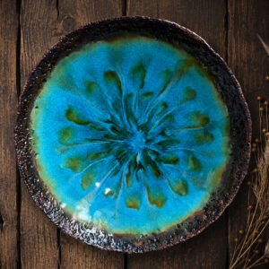 Handmade ceramic centerpiece bowl with blue crackle glaze