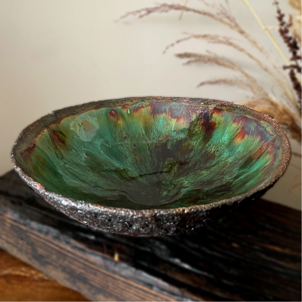large ceramic plate for serving fruits green glaze