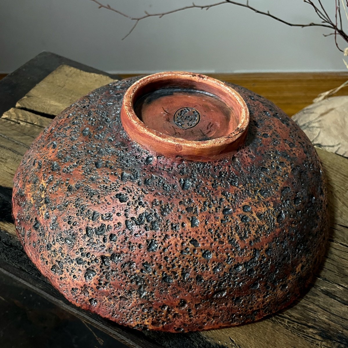 Handmade Ceramic Serving Bowl – Amber Red Crackle Glaze – 29 cm - Image 9