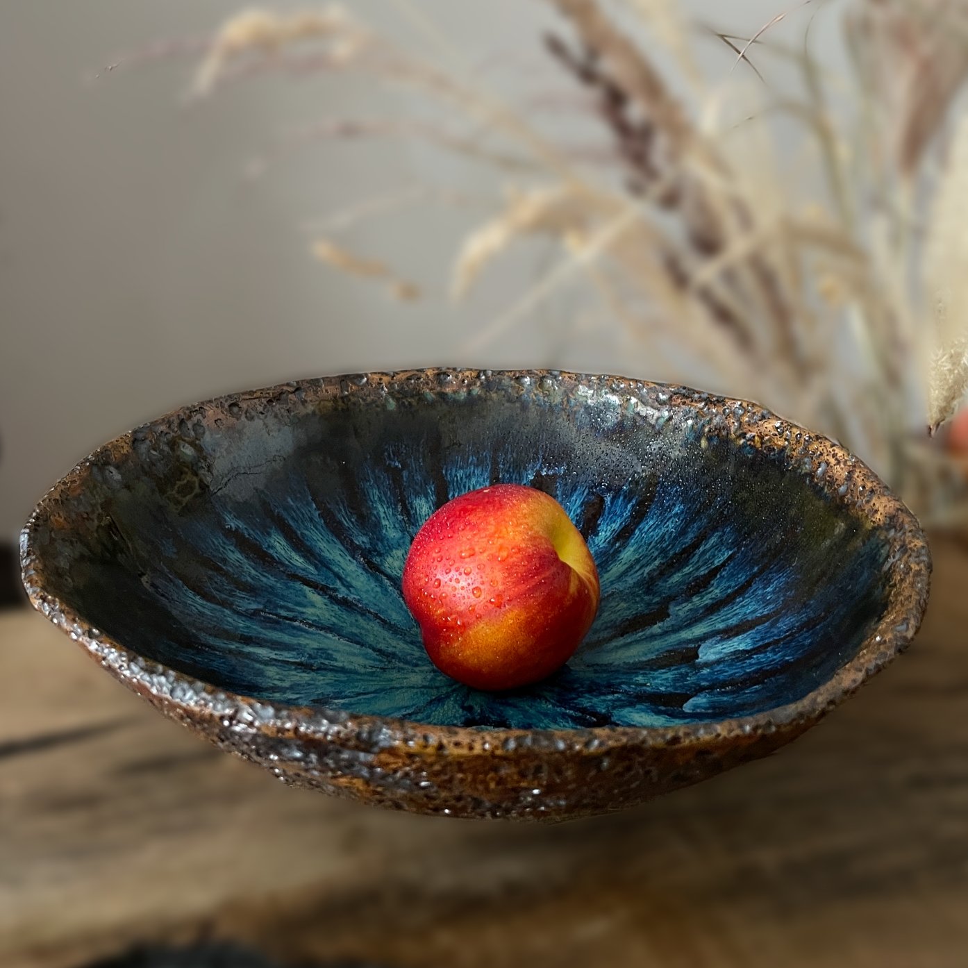 Blue crystal glazed handmade ceramic bowl viewed from above
