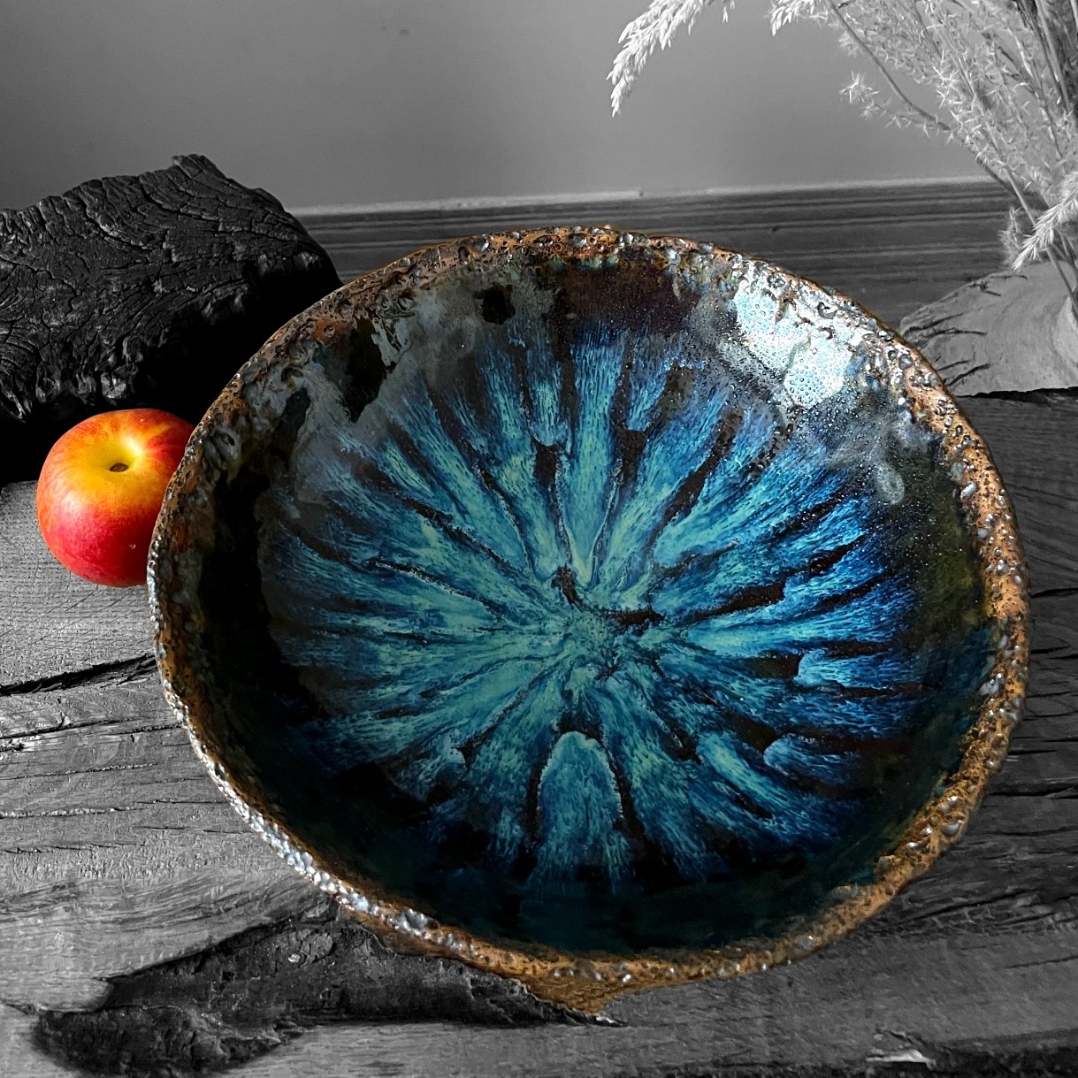 Blue crystal glazed handmade ceramic bowl viewed from above
