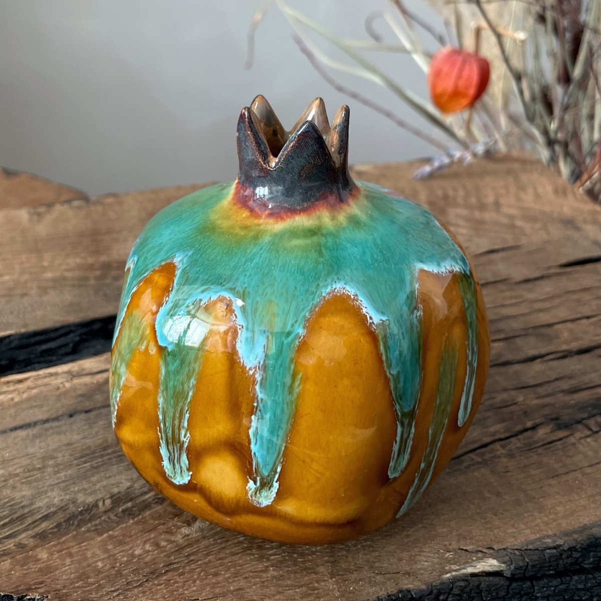 Turquoise glazed pomegranate vase, unique handmade ceramic object