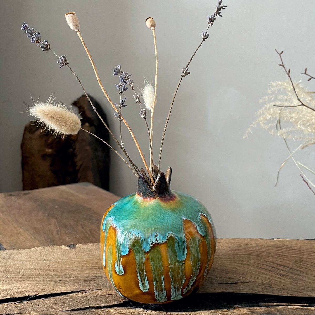 Ceramic pomegranate decor with glossy glaze, small handmade pottery vase