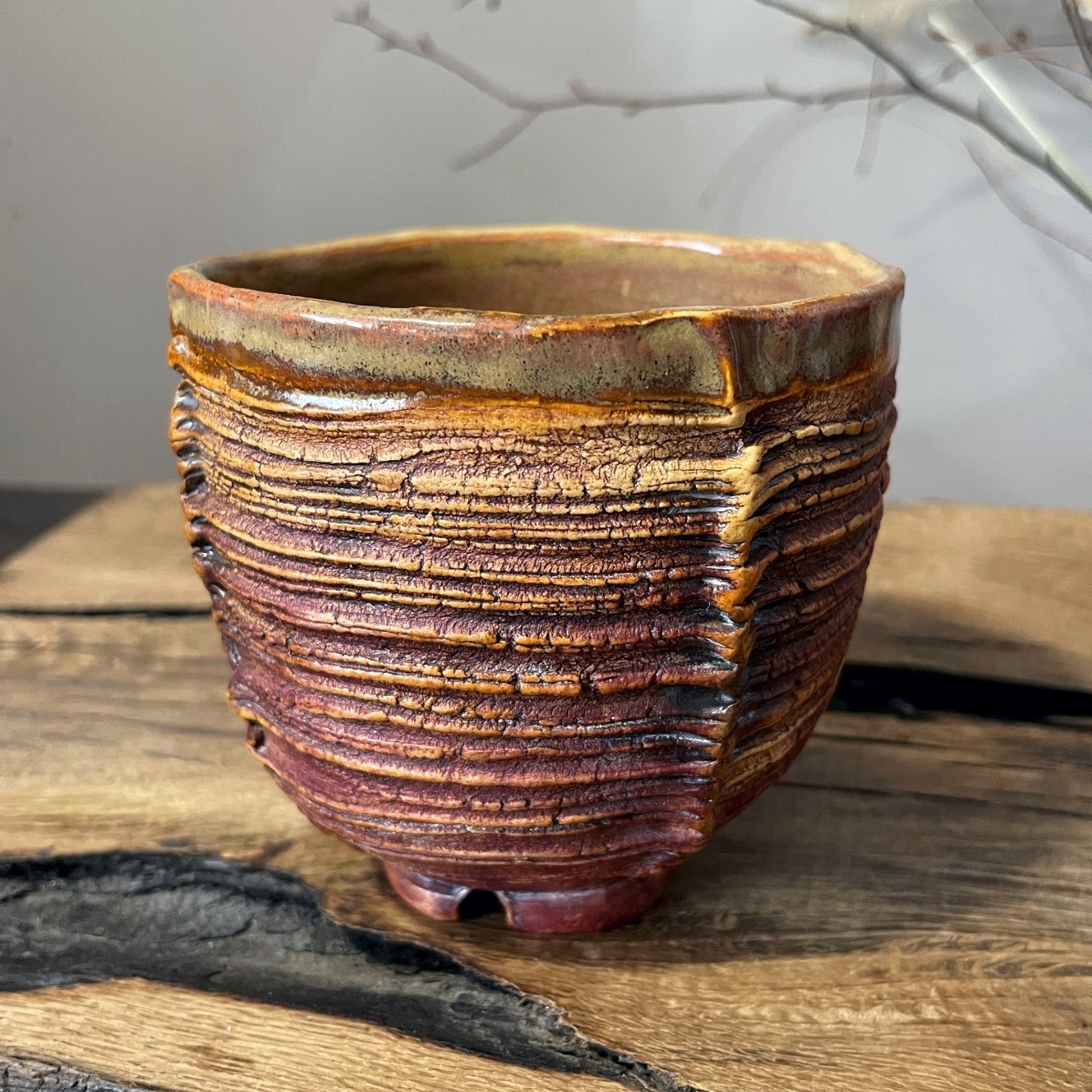 Handmade ceramic yunomi tea cup DUNE with textured carved surface