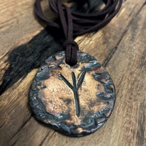 Handmade ceramic pendant with Algiz rune symbol