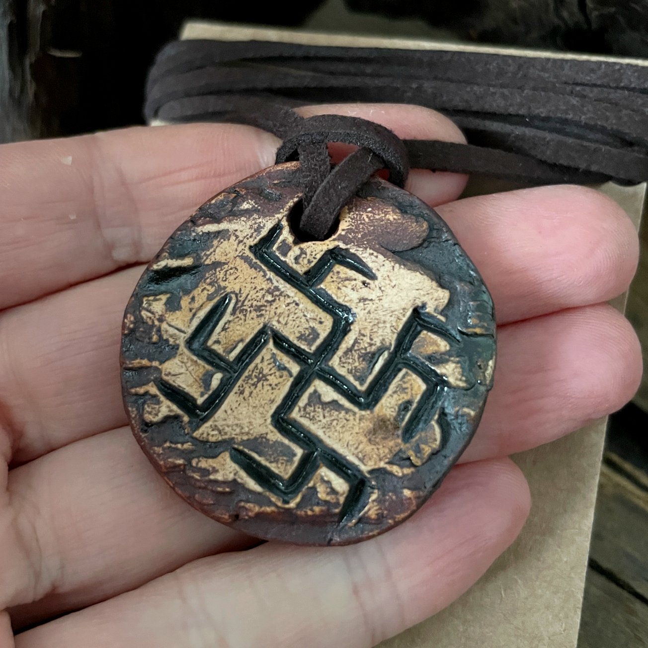 Perun's Flower (Fern Flower) carved on ceramic pendant