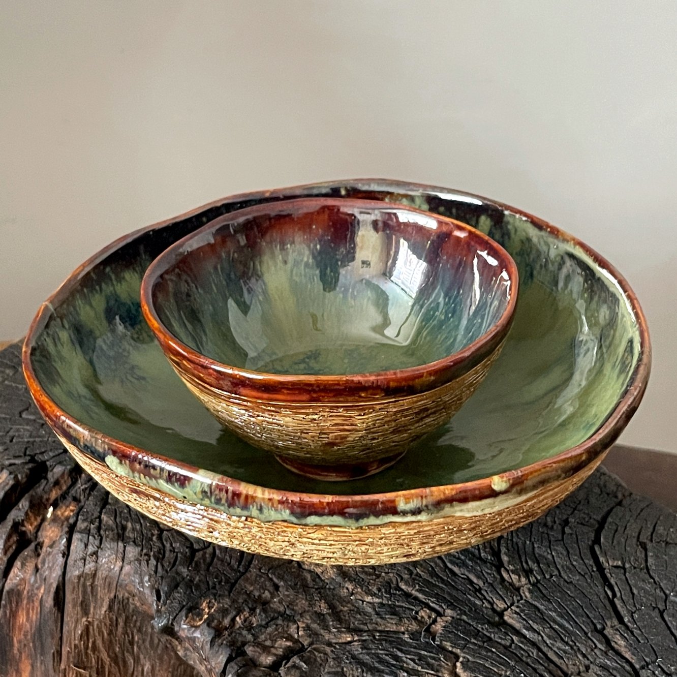 Handmade ceramic dining bowl set with green glaze